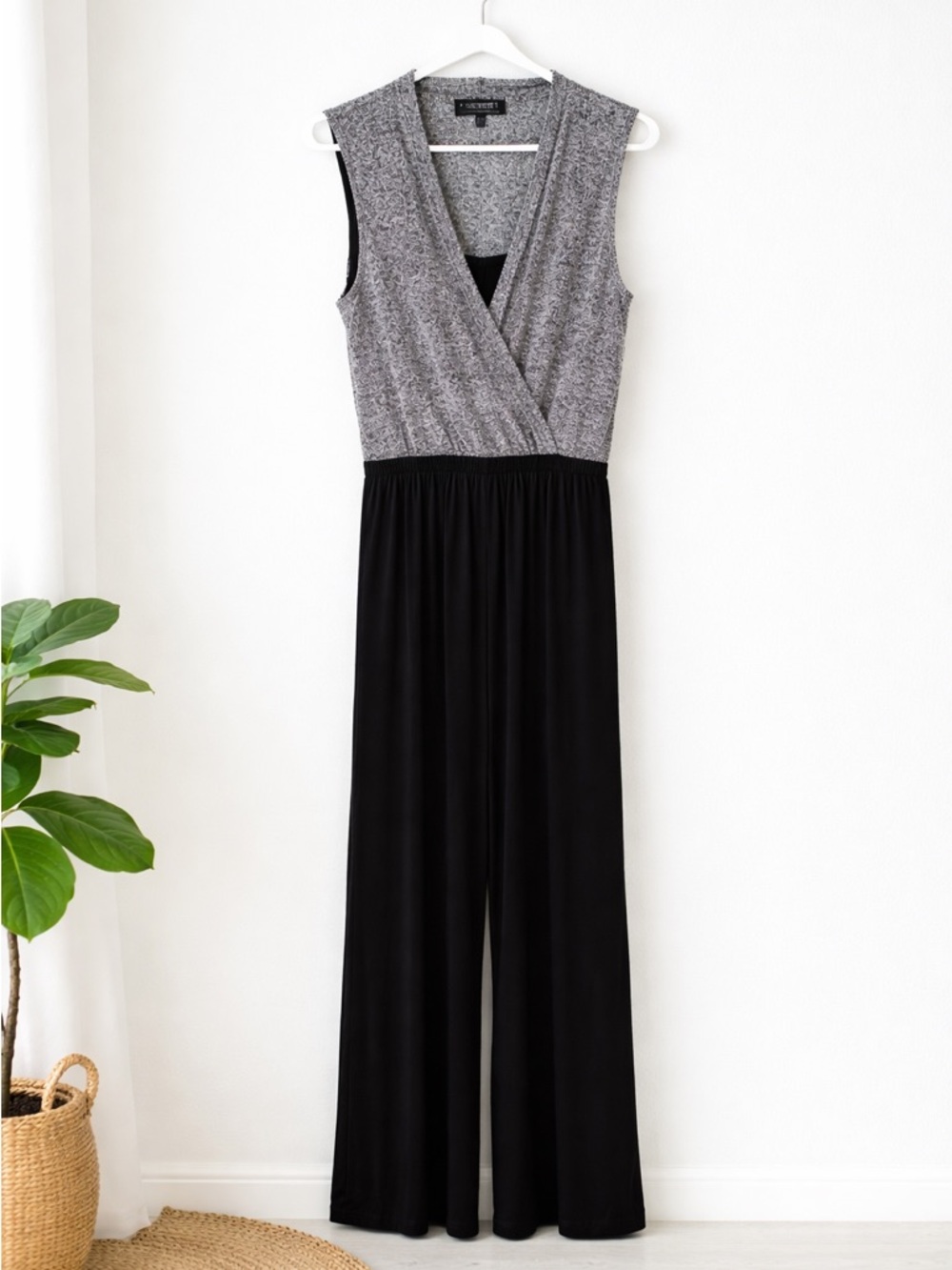 Context Sleeveless Jumpsuit W/ Gray Marled Surplice Top and Black Wide-Leg Pants